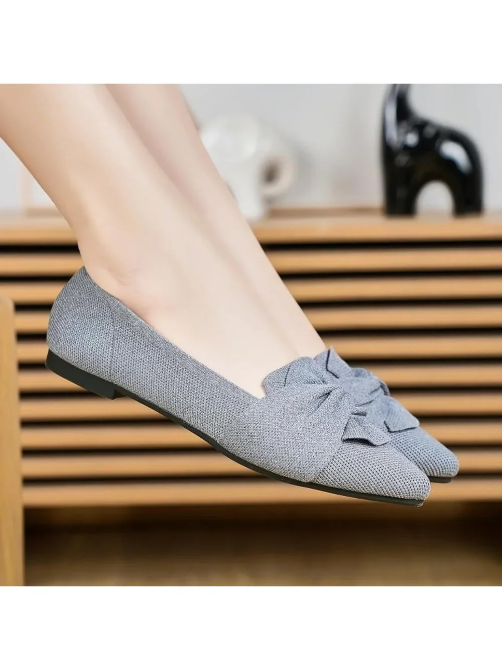 Women's Grey Pointed Toe Ballet Flats with Bow Comfortable Knit Dressy Shoes